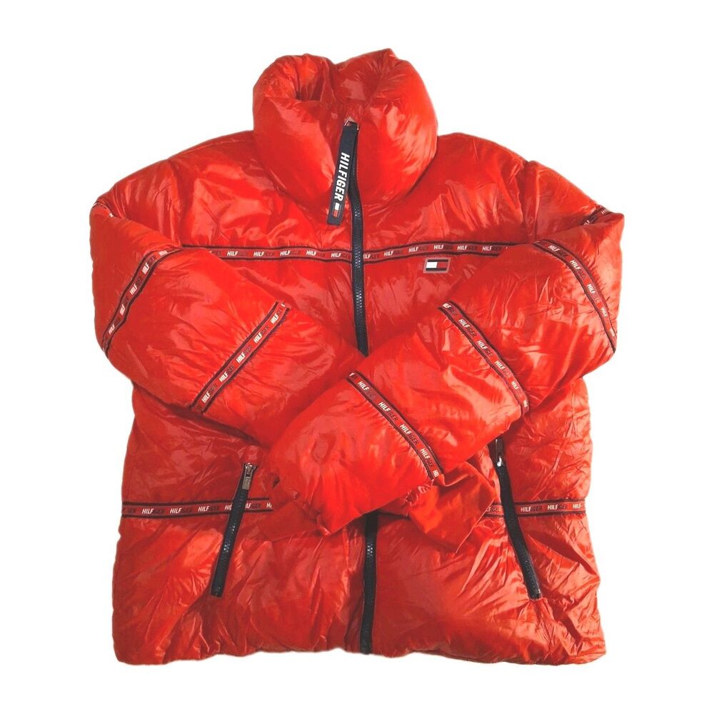 Vintage y2k Tommy Hilfiger Jacket Womens Medium Red Puffer Coat Y2K Logo Tape